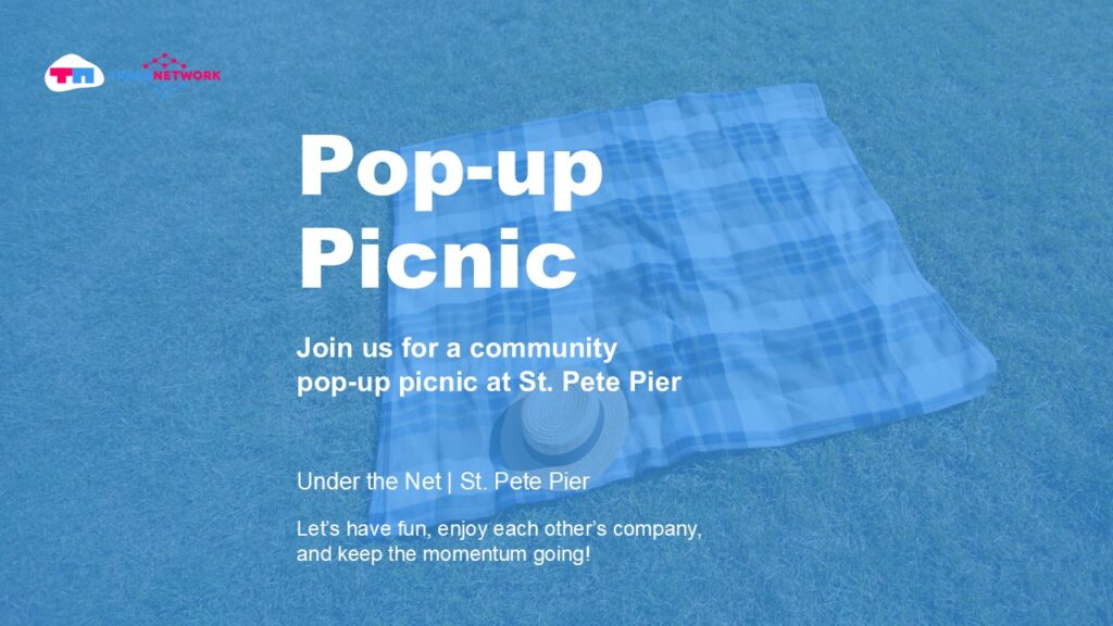 Picnic blanket on grass for a community pop-up picnic at St. Pete Pier hosted by TransNetwork.