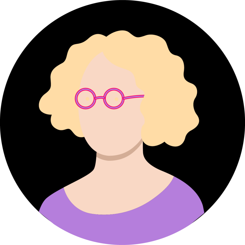 A simple illustrated avatar of Stephanie Foglia featuring curly blonde hair, bright pink glasses, and a purple top on a black circular background.