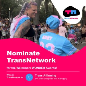 A vibrant promotional graphic for TransNetwork's nomination in the Watermark WONDER Awards. The image features individuals at a Pride event, one draped in the trans flag, with a pink overlay that highlights the text: 'Nominate TransNetwork for the Watermark WONDER Awards! Write in TransNetwork for Trans Affirming and other categories.' The TransNetwork logo is prominently displayed in the top-right corner.