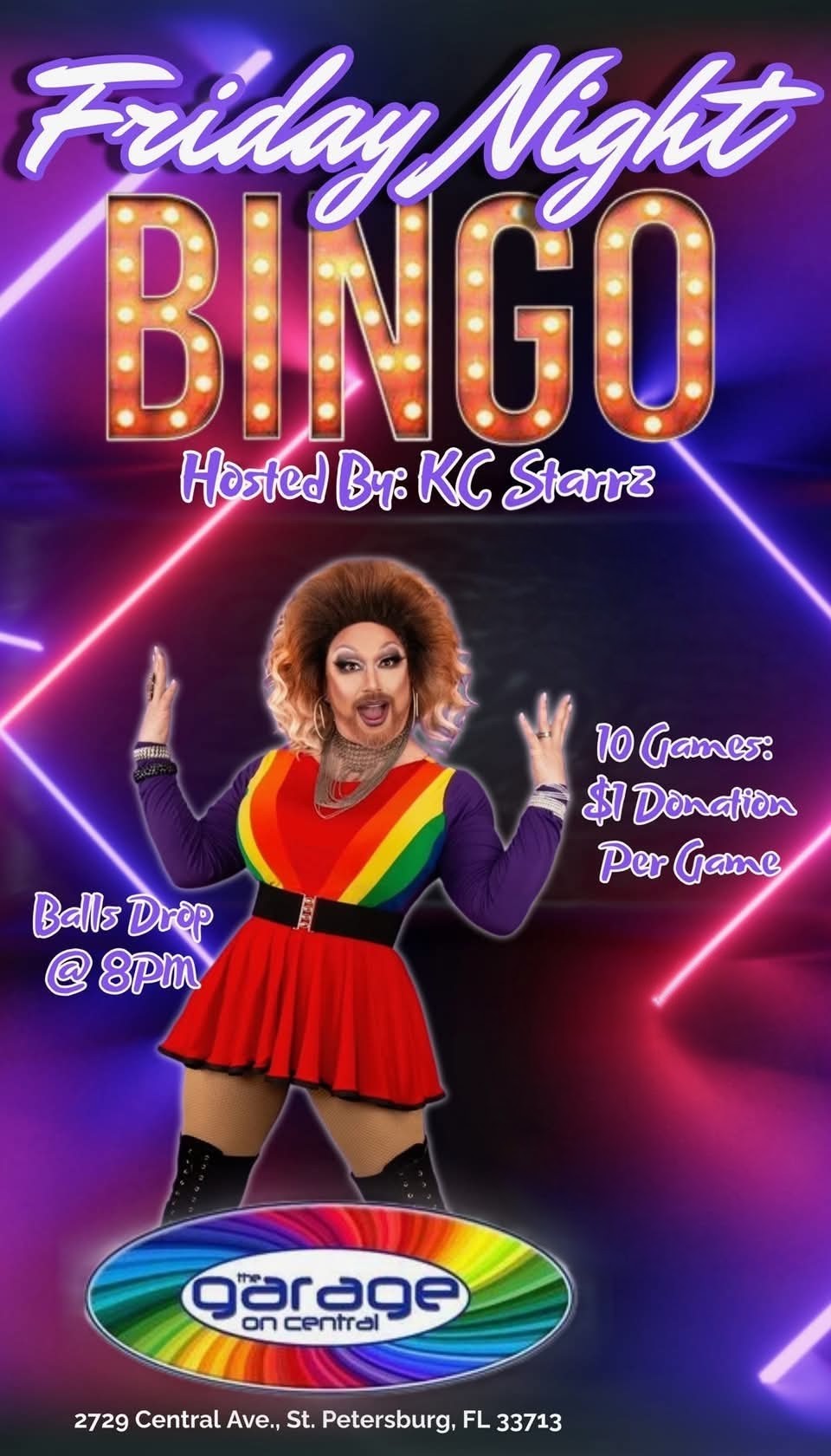 A colorful graphic for Bingo Night hosted by KC Starrz at The Garage On Central. The event features 10 games, $1 donation per game, and prizes.