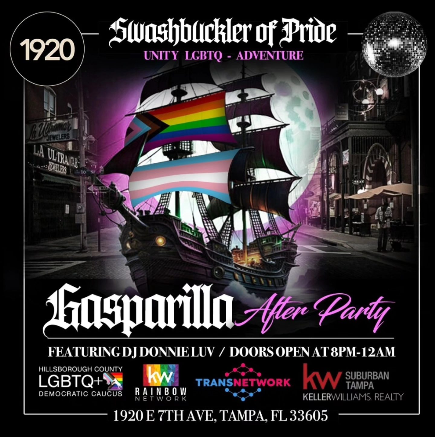 Promotional poster for Swashbuckler of Pride, a Gasparilla LGBTQ+ After Party featuring a pirate ship with Pride and Trans flags, set for January 25, 2024, at 1920 Ybor in Tampa, FL.